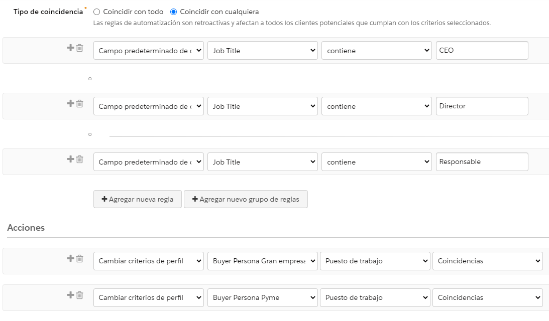 Reglas de automatización por cargo de la empresa